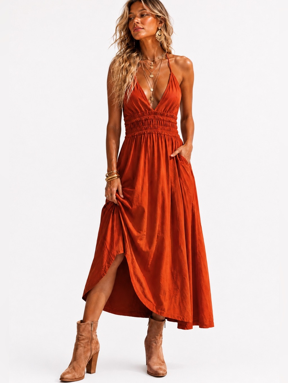 DÈLUC Positano Maxi Dress Spicy Red Smocked Bodice Size S